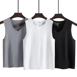 Men Vest Sleeveless V-Neck Quick Dry Ice Silk Vest T-Shirts Tank Top for Daily Wear