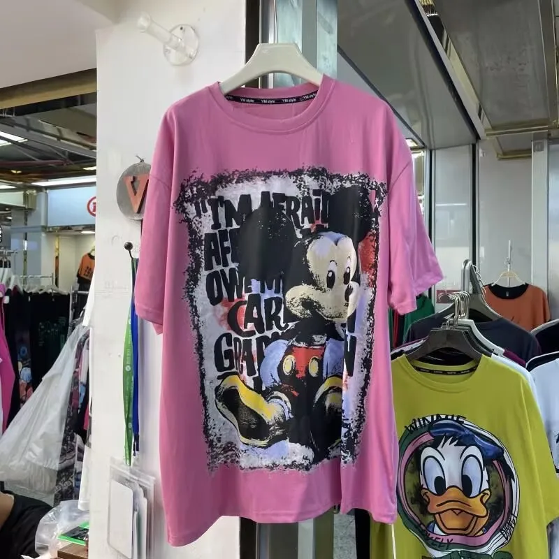 

Summer New Cotton Oversized Tee American Retro Couple Streetwear Short Sleeved T Shirts Cartoon Mickey Print Lazy Versatile Tops