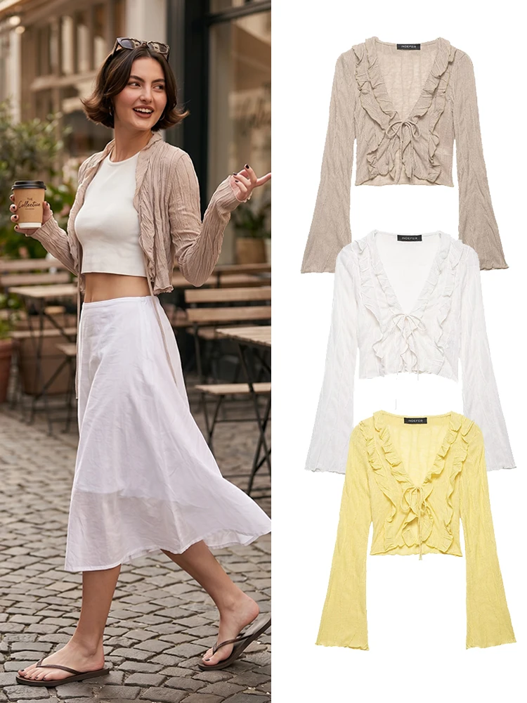 HH Y2K Ruffle Bell Sleeve Cropped Top Women's V Neck Tie Front Sheer Shirt Summer Sexy Streetwear Beach Resort Night Out Outfit