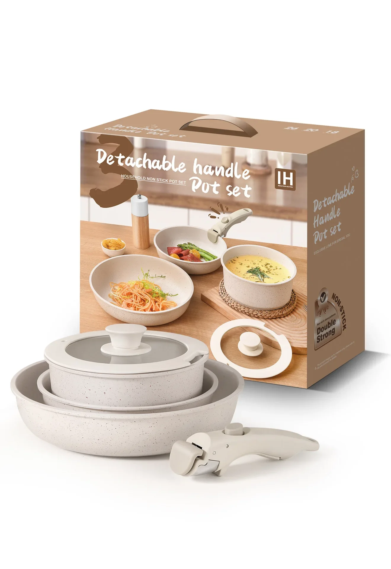 Destacável Household Wok Pan Set, Pedra médica, Antiaderente, Universal, Cozinha