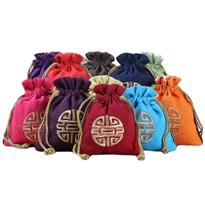 Vintage Linen Drawstring Jewelry Bag Embroidered Chinese Knot Pouch Cotton Linen Storage Bag for Small Items 11.5*14cm 14.5g