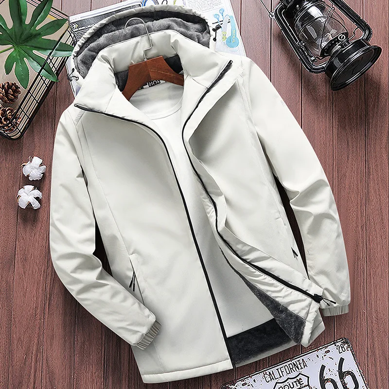 

Autumn and Winter Fleece Thickened Hooded Jacket Zipper Pocket Casual Korean Version Trend Straight Hem Zipper Jacket Men