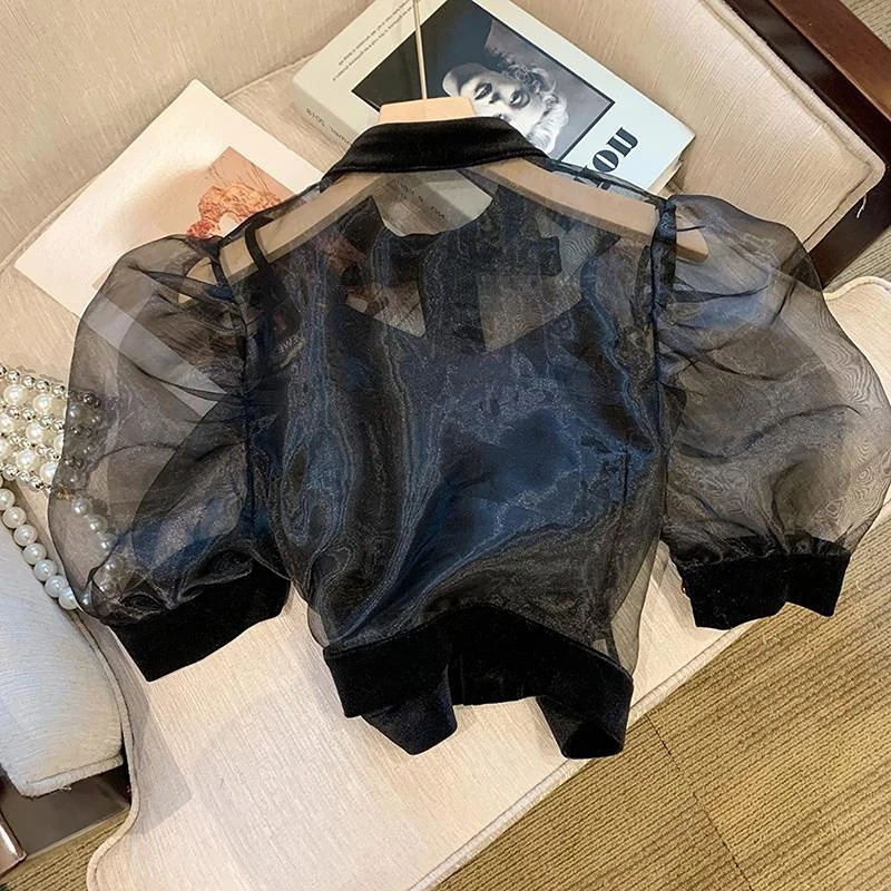 Sexy Camisole Tank Tops Crop Black Organza Shirts Women Puff Short Sleeve Blouse Chic 2 Piece Sets Slim Transparent Shirt