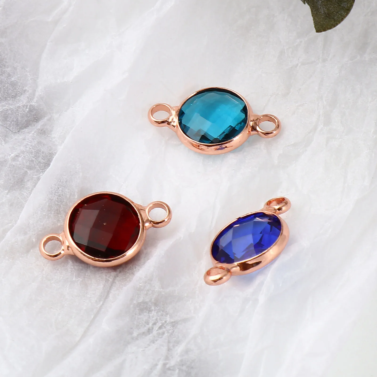 5PCs Copper Glass Birthstone Connectors Rose Gold Color Round Faceted Charms DIY Making Necklace Bracelets Jewelry Findings