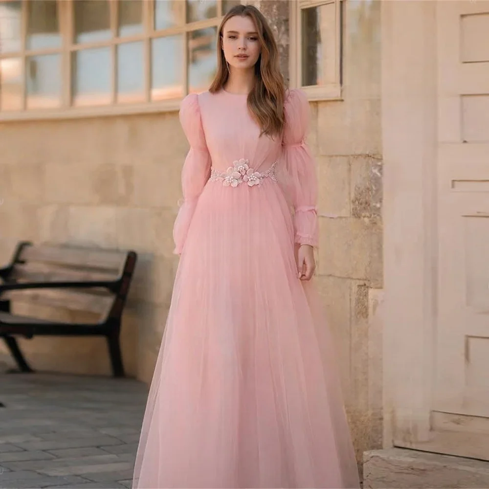 

Pink Floral Long Sleeves Bespoke Occasion Gown Evening Dresses Prom Pastrol Unisex Jersey Retro Dubai Saudi Arabic Customized