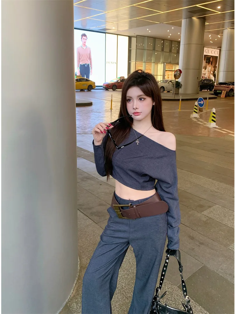 

Maitaiyi Denim Set Women's Autumn New Style Tall Size Extended Pants Slope Shoulder Short Length Long Sleeve Top
