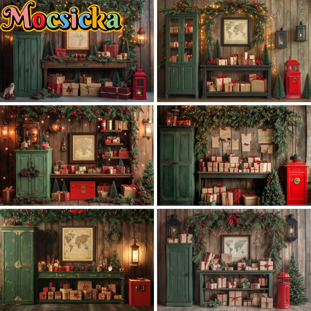 Rustic Wooden Wall Christmas Backdrop Vintage Green Cabinet Gift Boxes Pine Garland Lantern Antique Map Farmhouse Background
