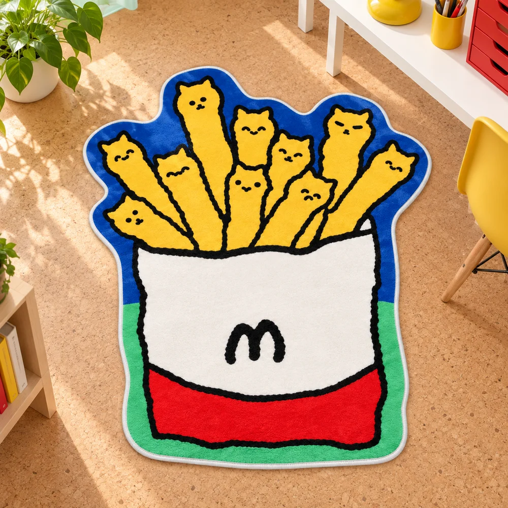 Funny Cute Cat Fries Shaped Flannel Area Rug Fast Food Print Floor Mat for Kitchen Living Room Entryway Modern Home Decor Gift