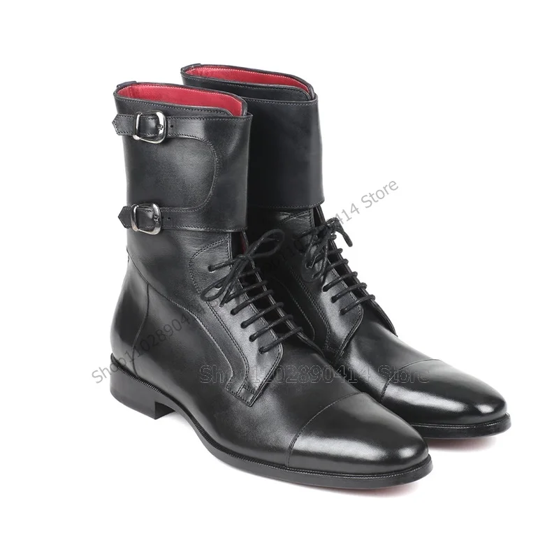 Black Buckle Decor Mid Calf High Top Boots Fashion Lace up Men Shoes Luxury Handmade Party Feast Banquet Office Men Dress Shoes