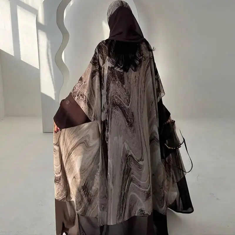 เสื้อคลุมแฟชั่นลายพิมพ์สำหรับฤดูใบไม้ร่วงและฤดูใบไม้ผลิ คอวีทรงหลวม ผ้าชีฟอง สไตล์ลำลอง แขนยาว สำหรับผู้หญิง พร้อมผ้าคลุมศีรษะ