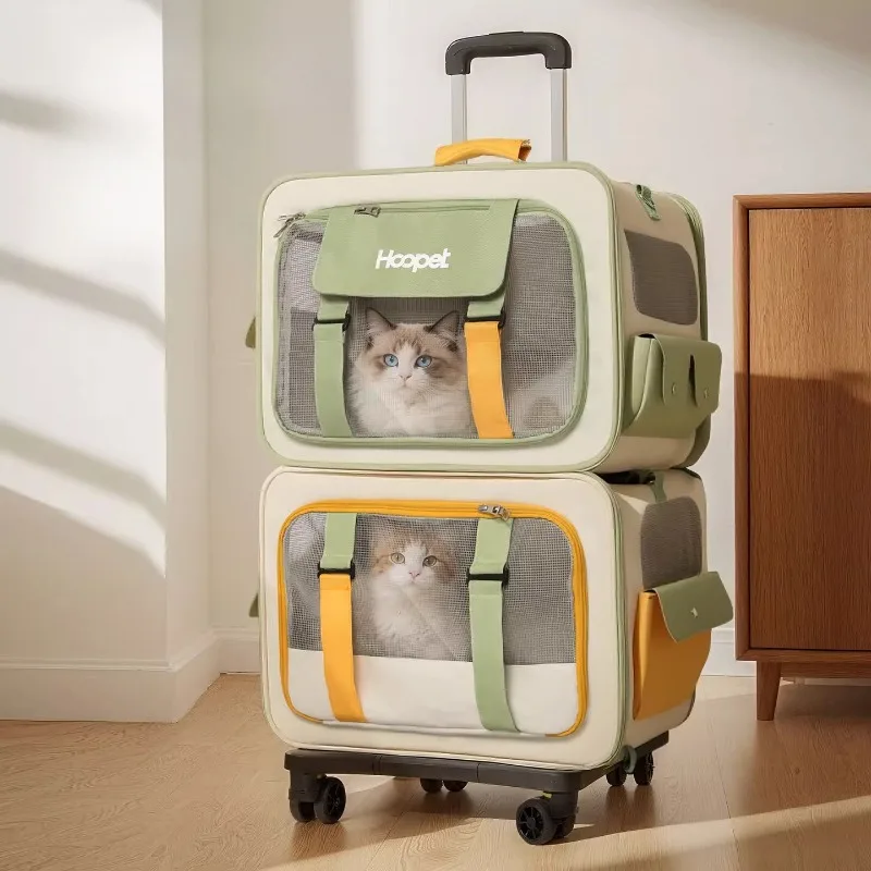 PC Large Capacity Portable Pet Pull Rod Luggage Travel Backpack Breathable Air Box Spacious For 2 Cats And Dogs Outdoor