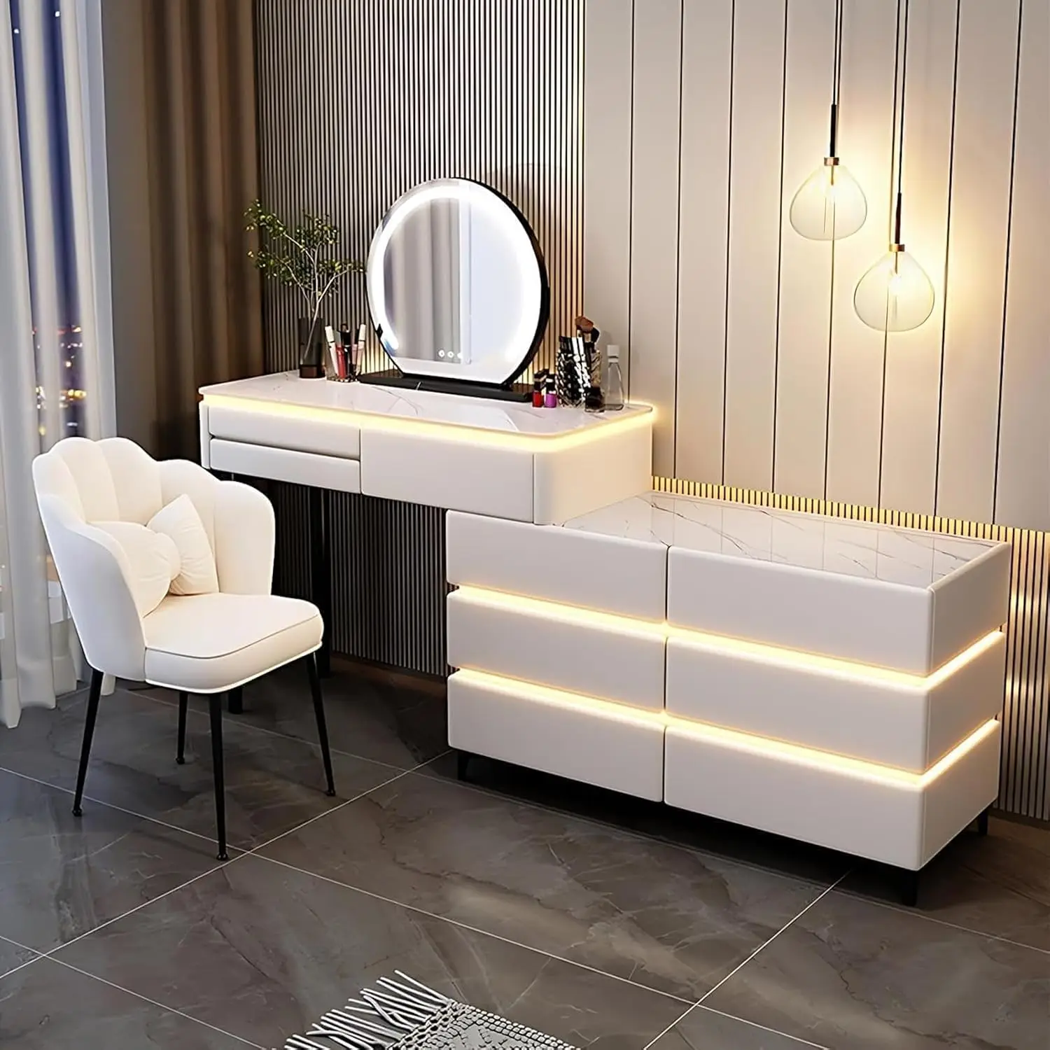 Makeup Vanity Desk, Modern Dressing Table with Smart Mirror and Rock Slab Countertop, Solid Wood Frame Vanities Includes LED Amb