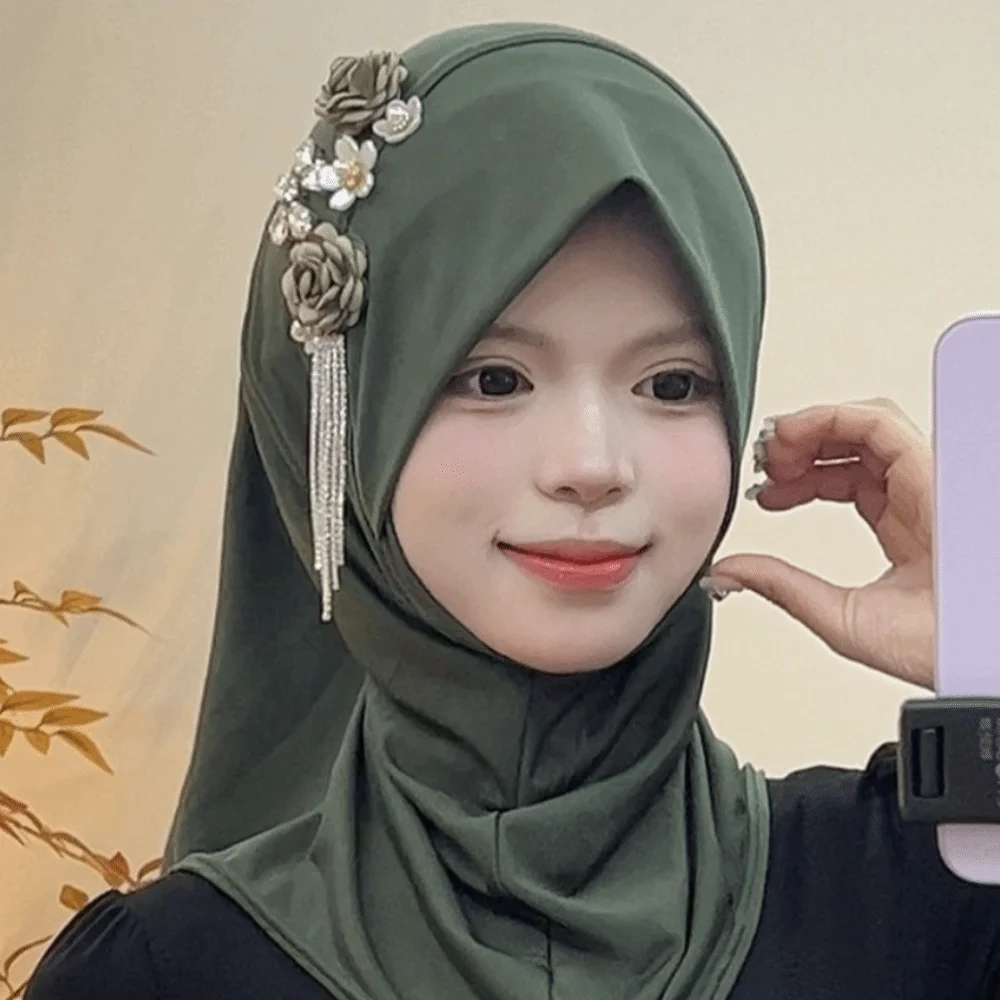 

Round Neck Elastic Flower Tassel Hijab Cap Breathable Solid Color Pre-Tied Headscarf Polyester Soft Fabric Head Wrap Work