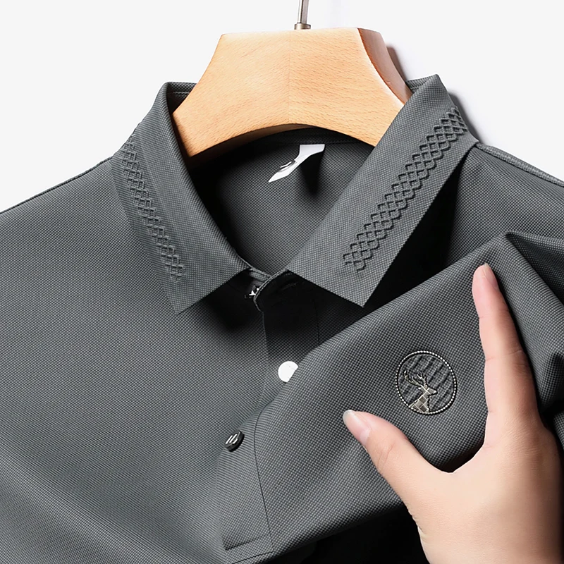 Ice-Feel High Quality Men's Polo Shirt Lapel Deer Head Embroid Short Sleeve Seamless T-shirt British Fashion Outdoor Summer Men