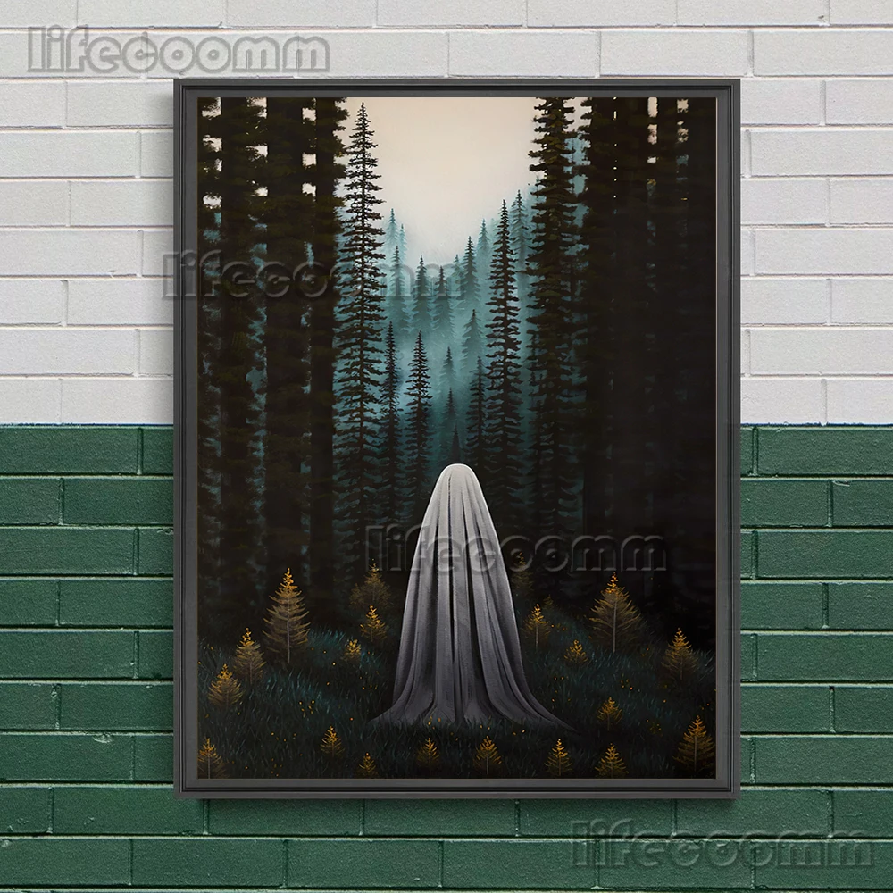 أشباح على الدراجات والأشباح في الغابة خمر الرسم على لوحات القماش الجدارية ورقة بيضاء شبح ملصق فني وطباعة ديكور المنزل #4