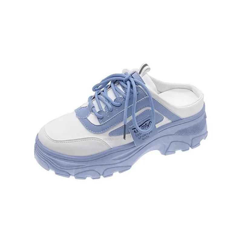 Women\'s Half Slippers PU Leather Womens Sneakers Breathable Platform Loafers Lace-up Shoes Outdoor Casual Shoes