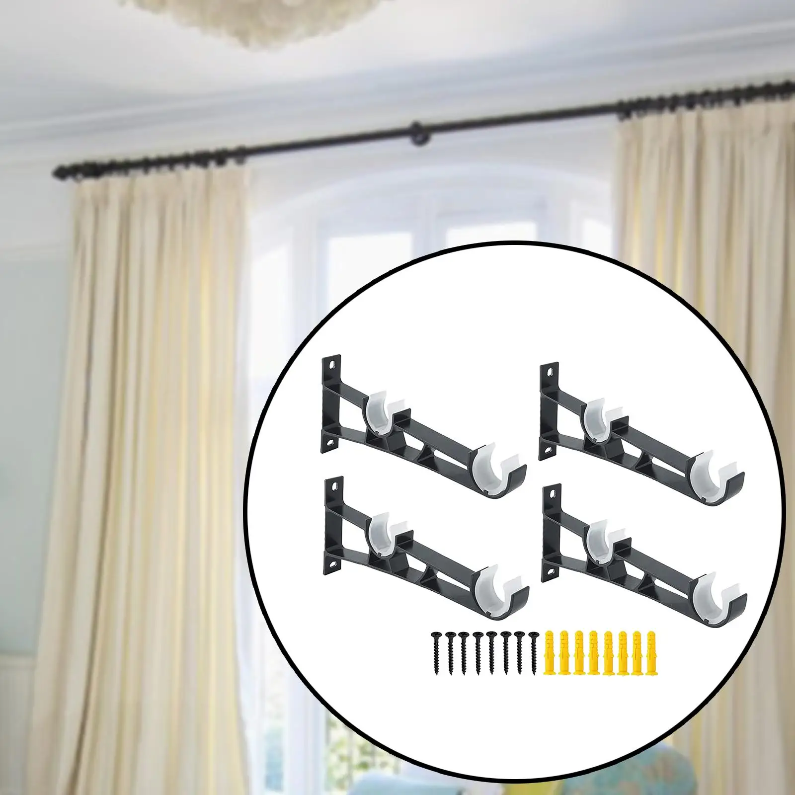 4Pcs Curtain Rod Brackets Black for 1 inch to 1 1/4 inch Rods Curtain Rod Holders for Drapery Rods Hotel Bedroom Living Room