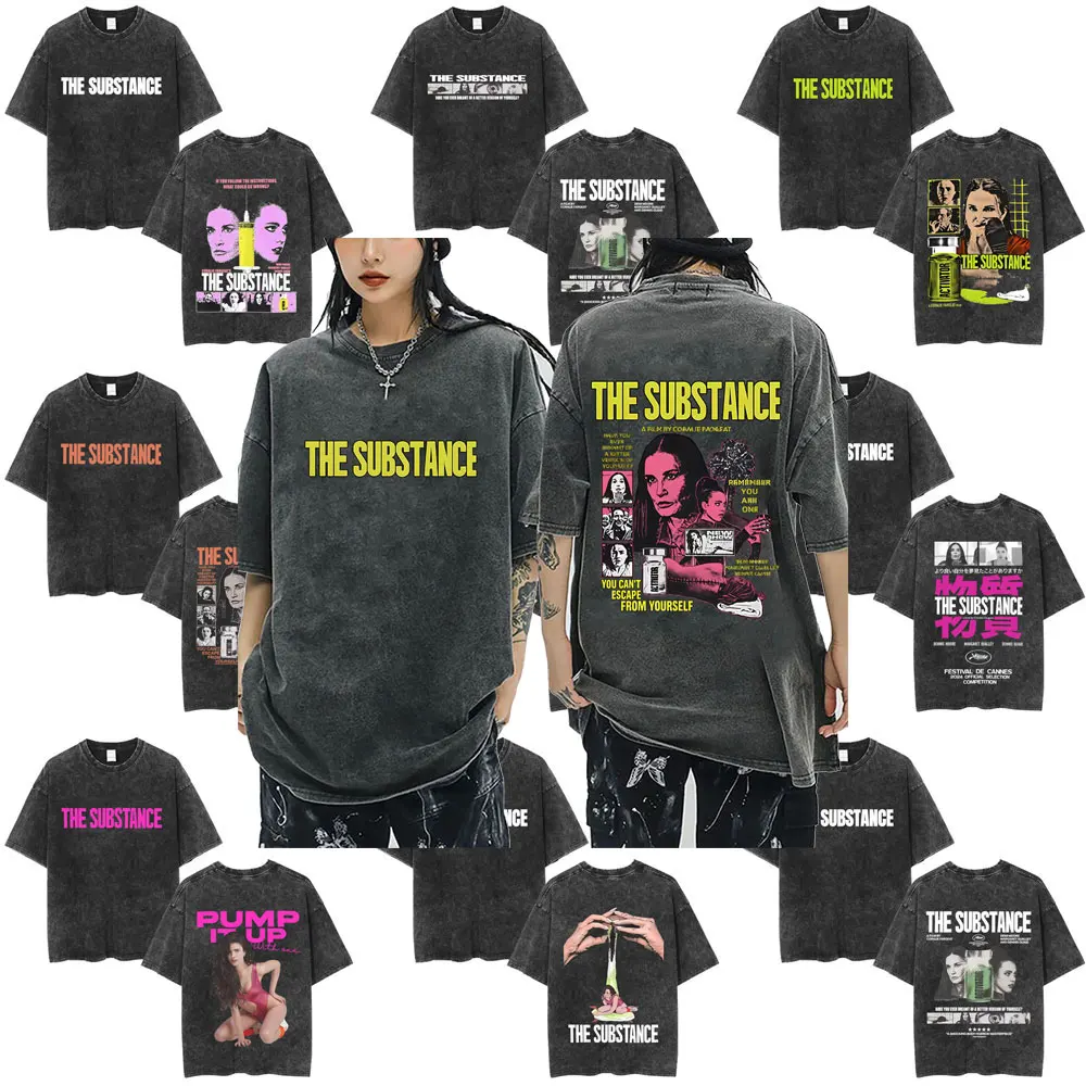 Washed Vintage Horror Movie The Substance Graphic T-shirt Men Women Gothic Rock Oversized T Shirts Men's 100% Cotton T-shirts