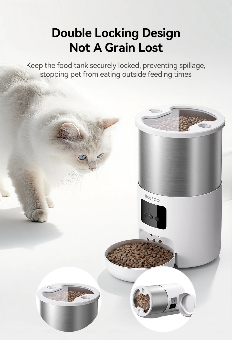 ROJECO 4,5 l automatischer Katzenfutterspender aus Edelstahl, WiFi-App, Fernbedienung, Sprachaufzeichnung, intelligenter Hundefutterspender, Heimtierbedarf – Detail 4