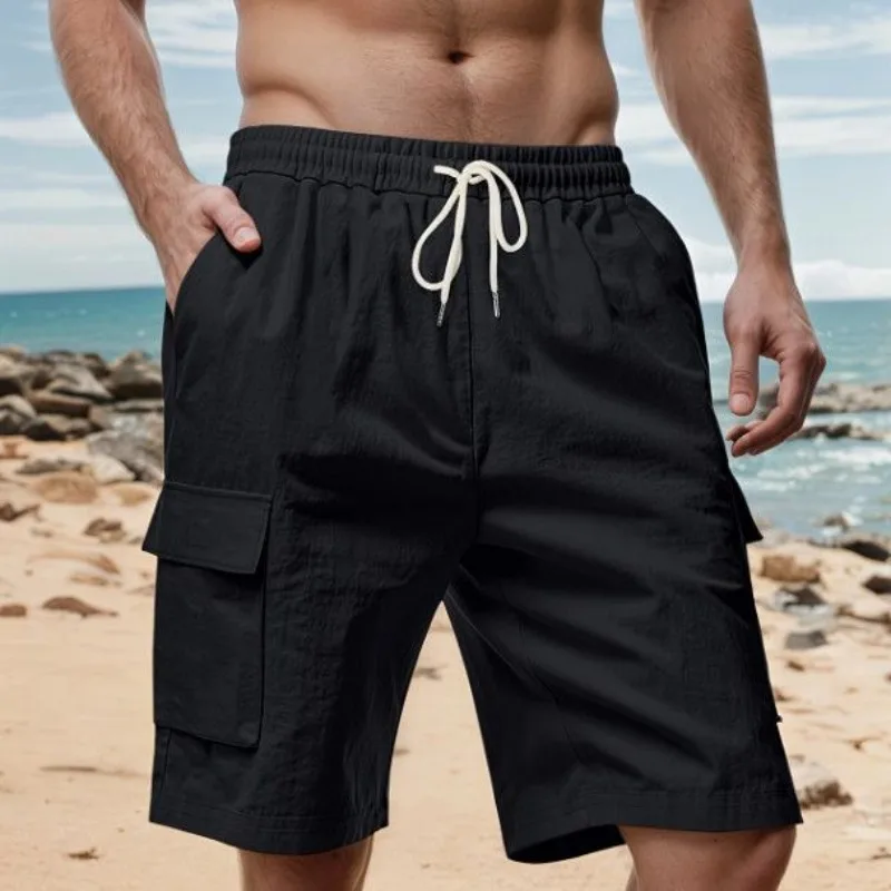 

Summer Men Cargo Shorts Sportswear Light Weight Linen Bermuda Loose Straight Shorts Pants Knee Length Hiking Breathable Bottoms