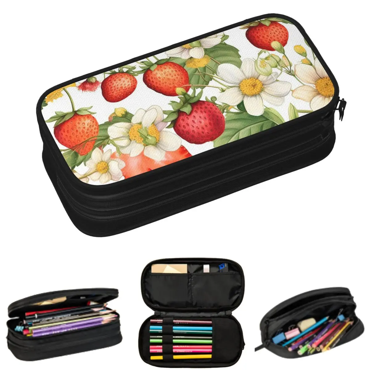 

Fresh Strawberry Floral Pattern Pencil Cases for Students School Pen Box Pencil Bag Large Capacity Pencil Pouch