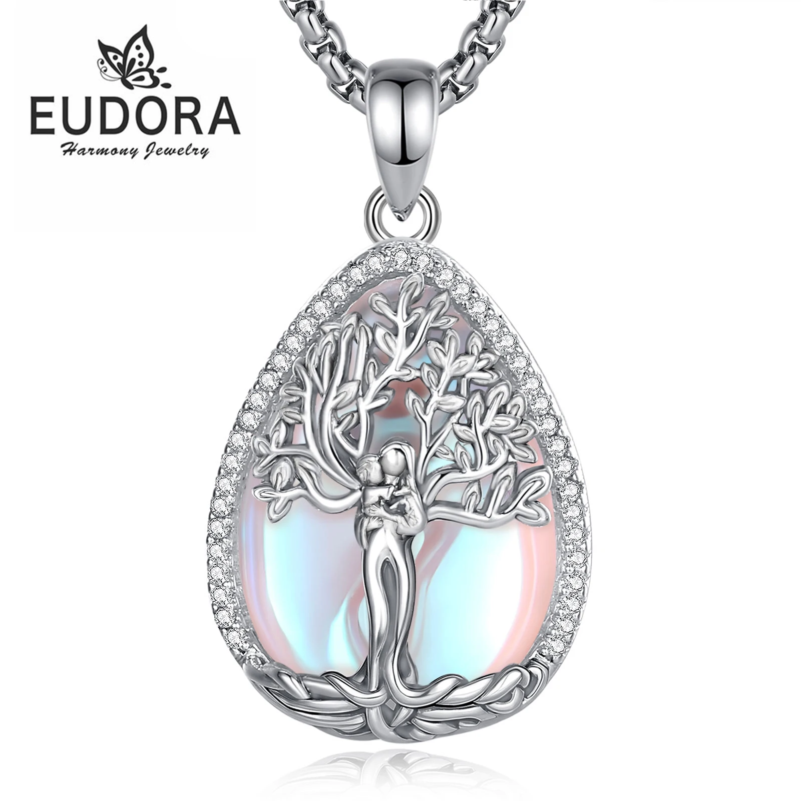 

Eudora Moonstone Tree of Life Necklace Goddess Healing Stone Crystal Pendant Spiritual Jewelry Mother’s Day Gift for Mom Women