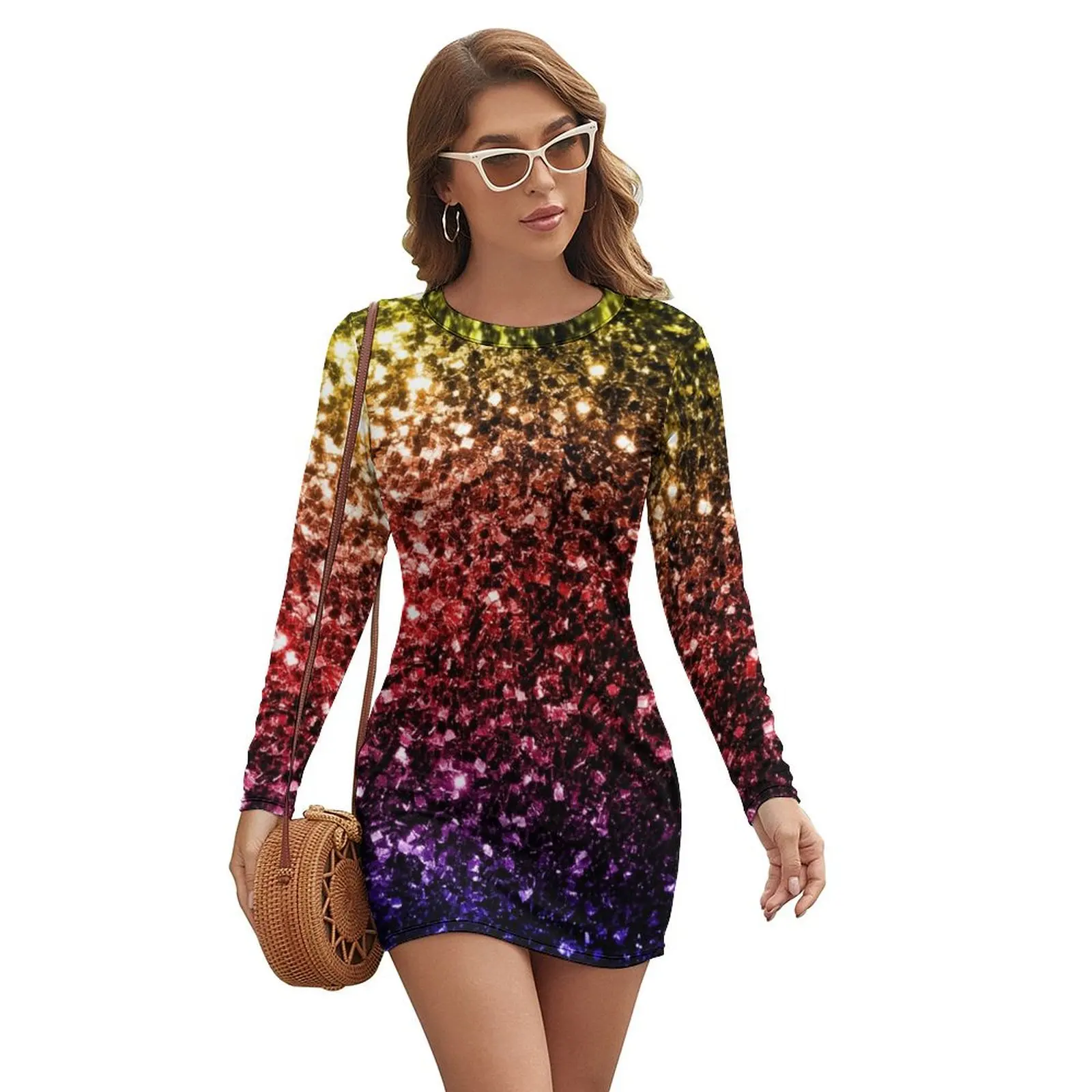 

Rainbow yellow red purple colorful faux sparkles (Photo of Glitter - Not Reflective) Long-sleeved Dress