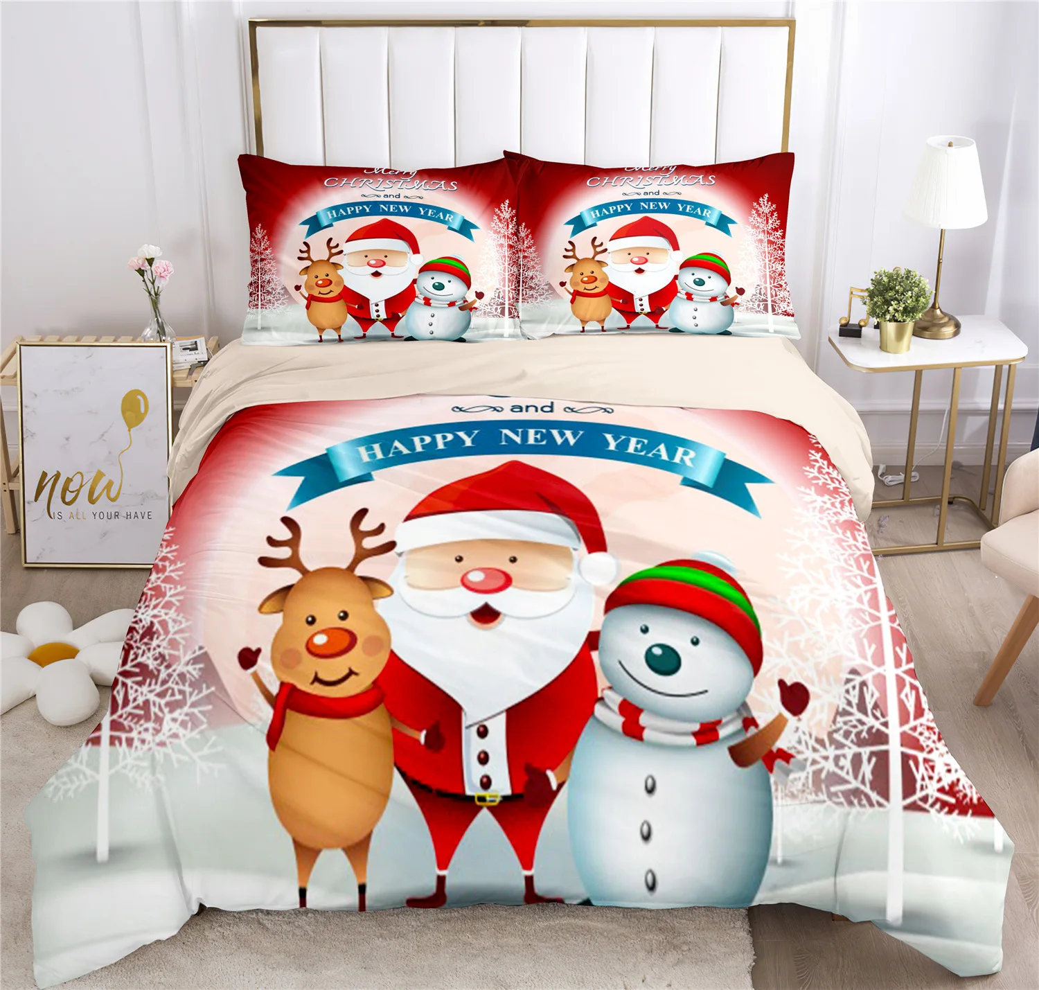 Santa Claus Print Duvet Cover for Adult Kids Bedding Set with Pillowcase Christmas Decor Quilt Cover 2/3pcs Set King Twin Size