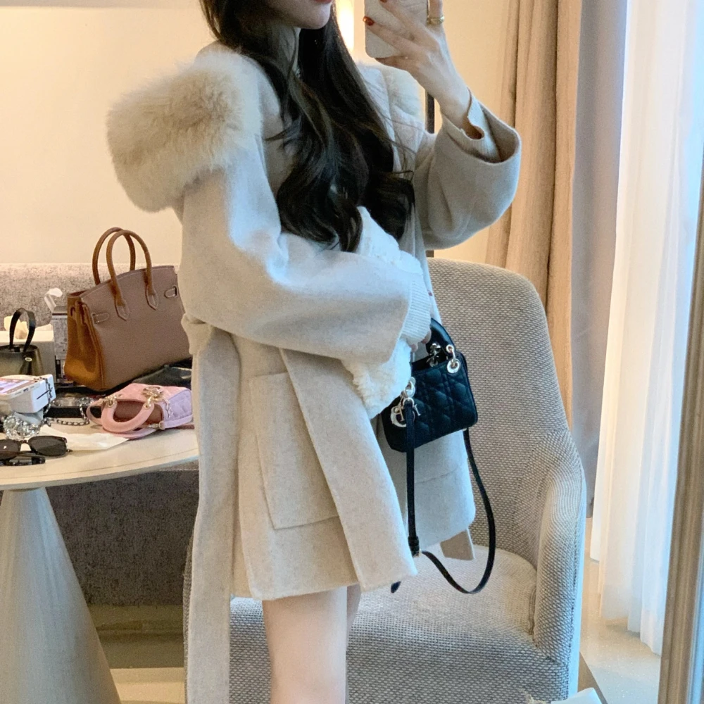 New Oversize Ladies Outerwear 2023 Imitation fox hair Coat Winter Jacket Women  Fox Fur Collar Cuffs Hood Cashmere Wool Woolen