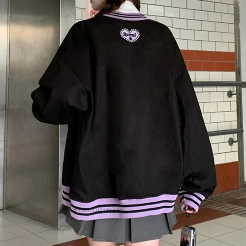 Sanrio Kuromi Loose Cardigan Shirt Women Cartoon Korean Fashion Jacket Spring Autumn Loose Tops Y2k Female Cute Black Thin Coat