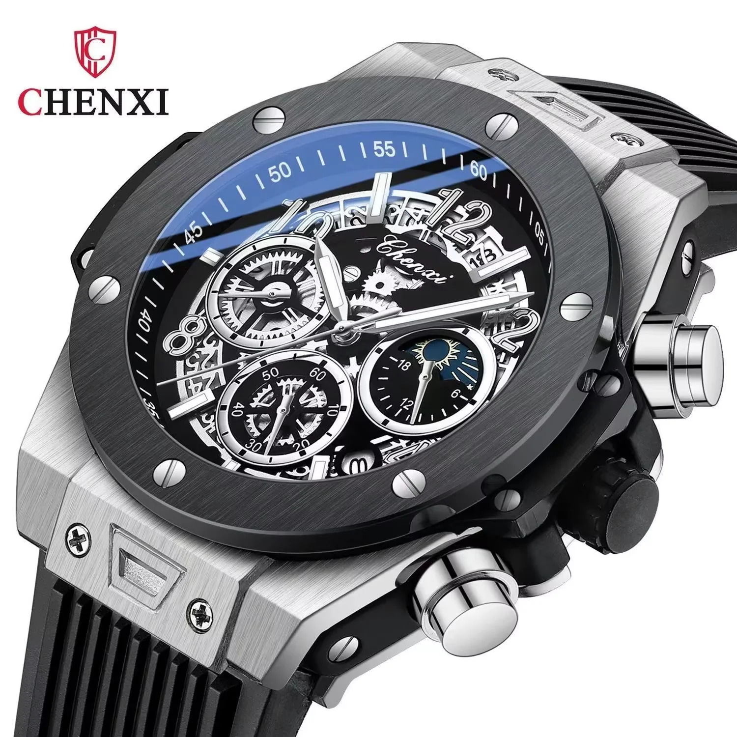 

Morning Light Fashion Silicone Chronograph Men's Multifunctional Luminous Quartz Starry Sky Moon Phase Sports Watch, Suitable for Men's Business Parties, Running, Hiking, and Daily Wear