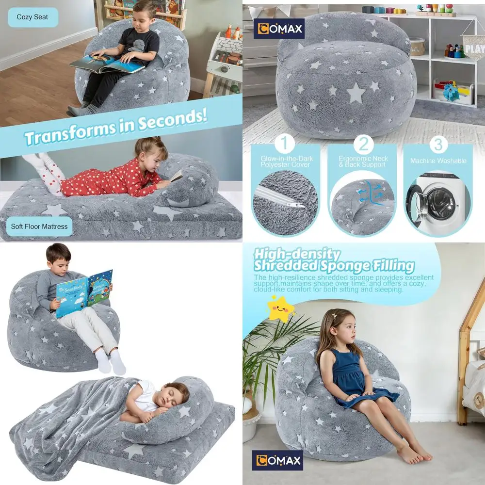 Convertible Toddler Bean Bag Chair with Glowing Grey Star and Floor Mattress