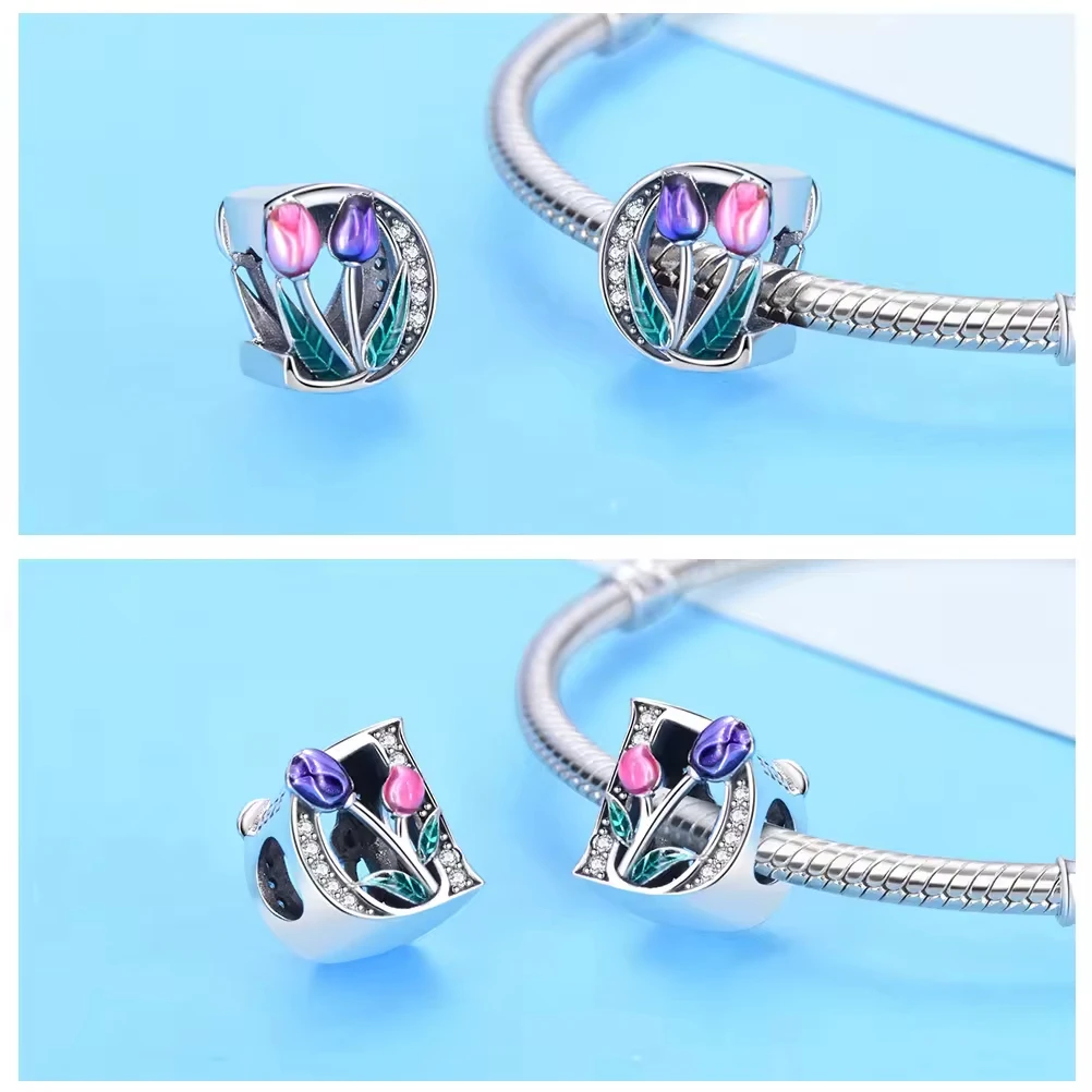 PANQDIY Pandorai-Buchstabenanhänger aus 925er-Sterlingsilber, Tulpenblüten-Charm, A-Z-Buchstabenanhänger für DIY-Armband, Schmuckherstellung