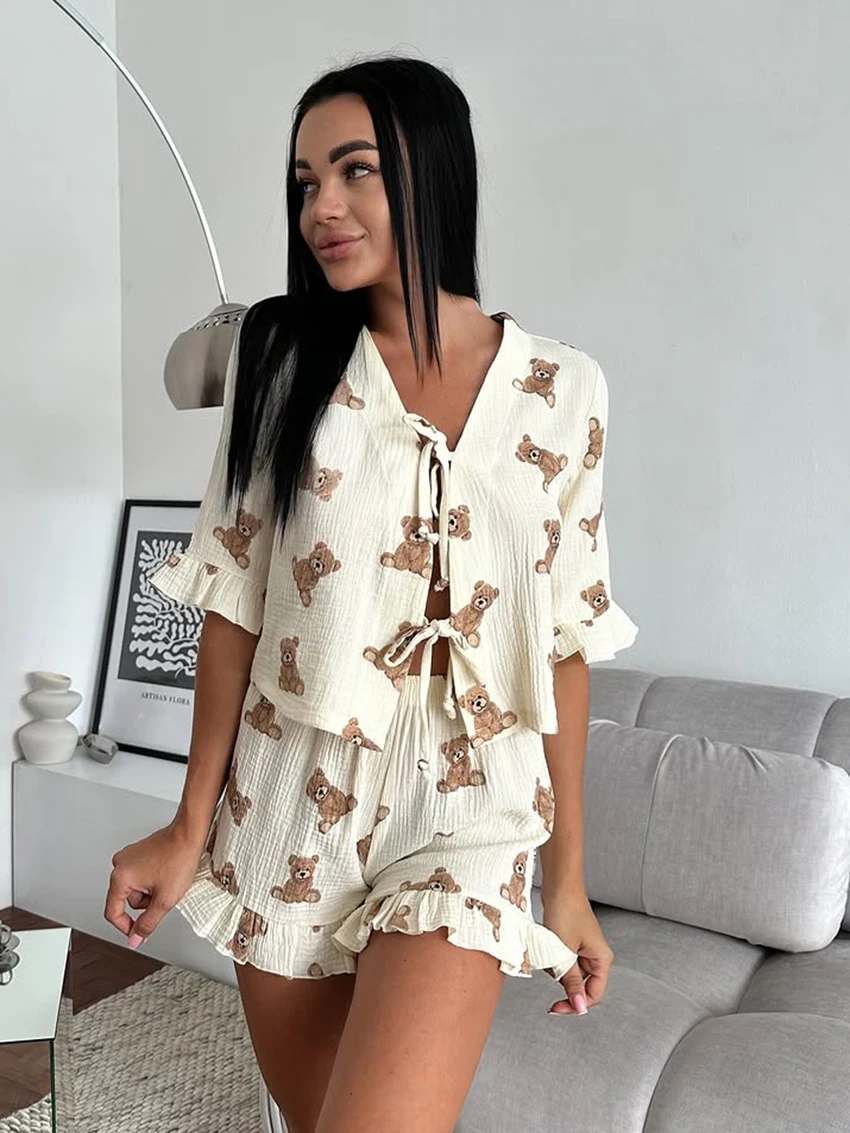 Martahqiqi Casual Women Nightgowns 2 Piece Set V-Neck Pajamas Long Sleeve Nightie Lace Up Sleepwear Shorts Printing Home Clothes