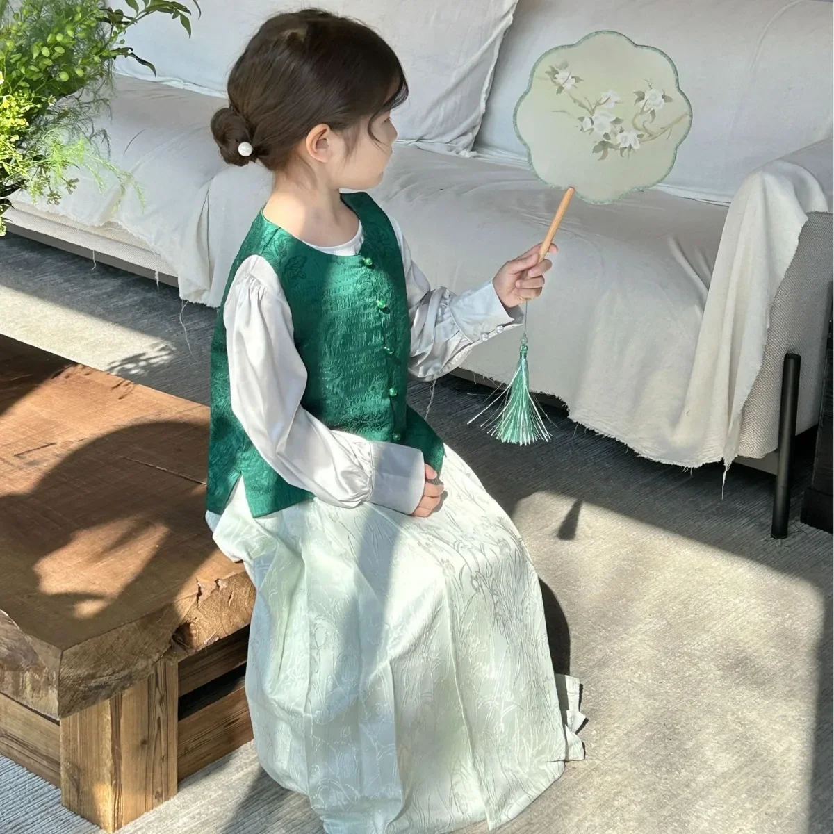 2024 Spring New Children's Clothing Girls New Chinese Fresh Green Horse Face Skirt Improved Horse Face Skirt Half Skirt