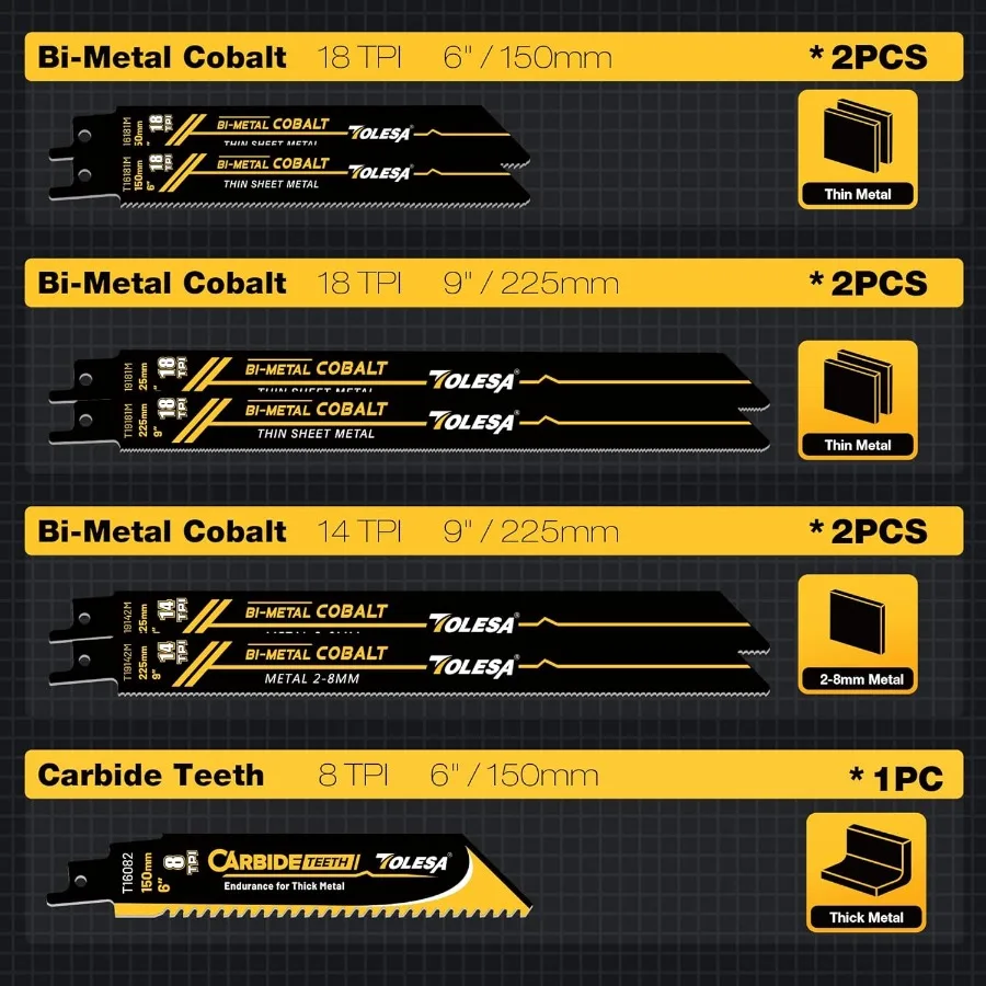 13-delige reciprozaagbladenset met hardmetalen en bimetalen messen voor het efficiënt zagen van hout, snoeien van hout met spijkers Thi