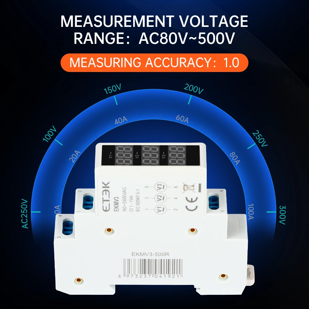 Modułowy woltomierz cyfrowy 3ph 80-500v miernik napięcia AC ETEK szyna Din Voltagemeter detektor trzy-wyświetlacz EKMV3-500R moduł