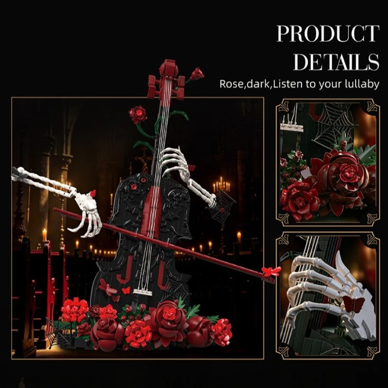 Dark Style Violin Brick Model with Skeleton Hands and Roses, DIY Building Blocks Set, Creative Collectible Table Decoration Gift