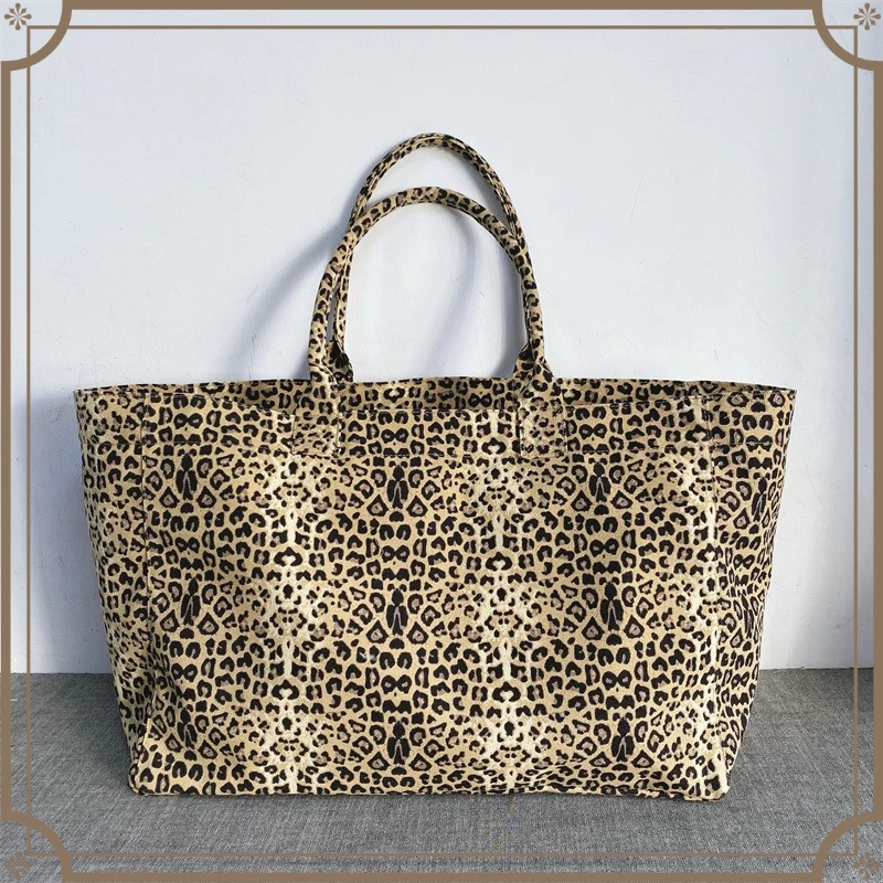 Japanese and Korean leopard print embroidered canvas bag men's and women's leisure shopping bag tote bag