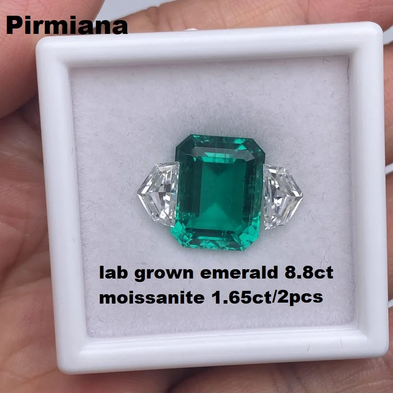 

Pirmiana Gemstone Set 8.8ct Hydrothermal Lab Grown Emerald and 1.65ct moissanite Side Stones for Jewelry Ring Design