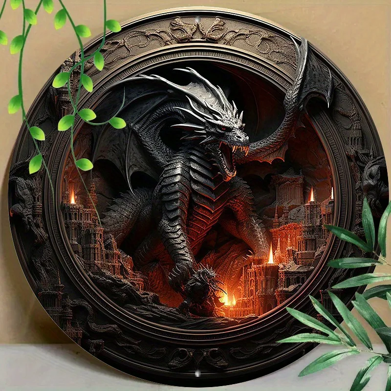 

Gothic Dark Fantasy Black Dragon Wall Art, Round Aluminum Sign for Home, Coffee Shop Decor | Durable, UV-Protected & Scratch