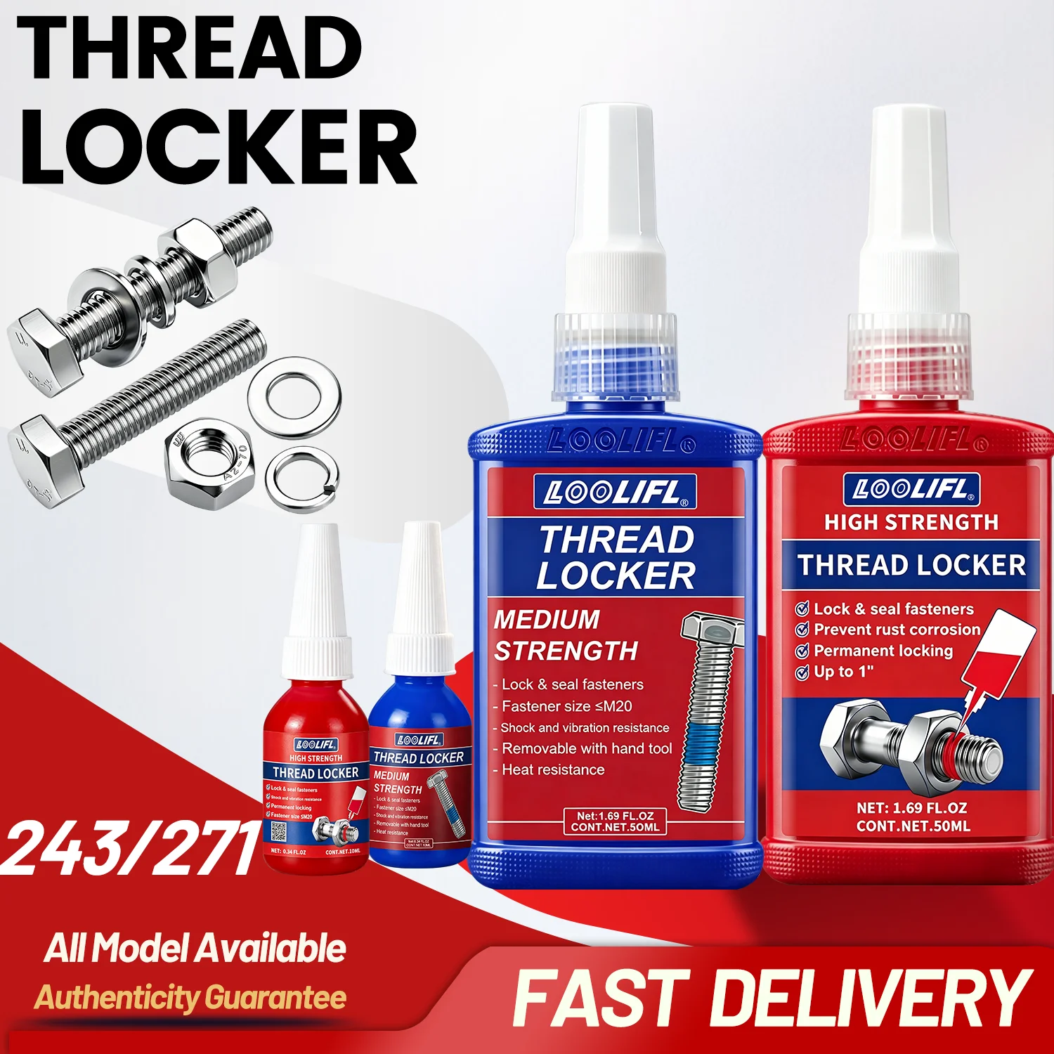 50ML 10ML LOOLIFL Roter Schraubensicherungskleber 243 Muttern-Bolzen-Sicherung Schraubenkleber Dichtungsmittel Anaerober Metallkleber