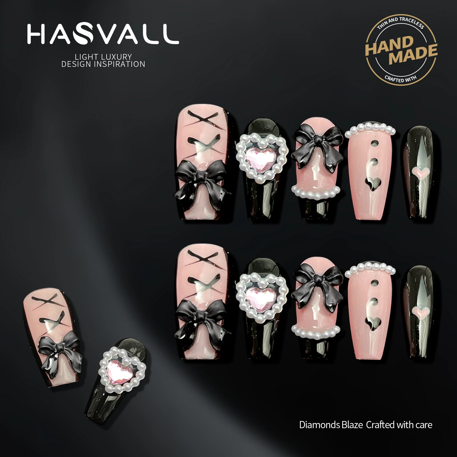 

HASVALL Handmade Y2k Press on Nails Punk French Luxury Reusable Adhesive False Nails Black Medium Coffin Artificial Manicure