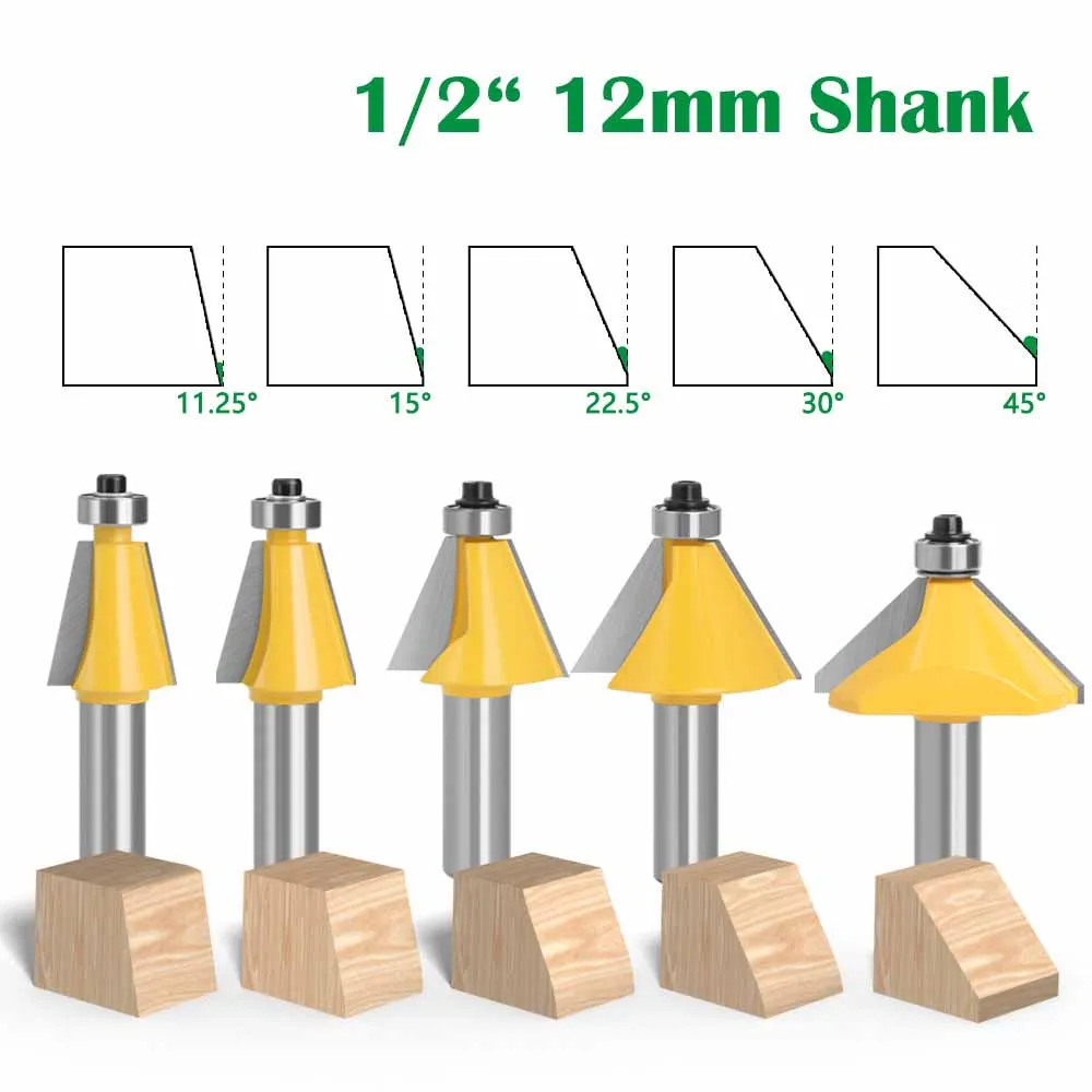 

1PC 1/2" 12.7MM Shank Milling Cutter Wood Carving 11.25 15 22.5 30 45 Degree Chamfer Bevel Edging Router Bit Woodworking Cutting