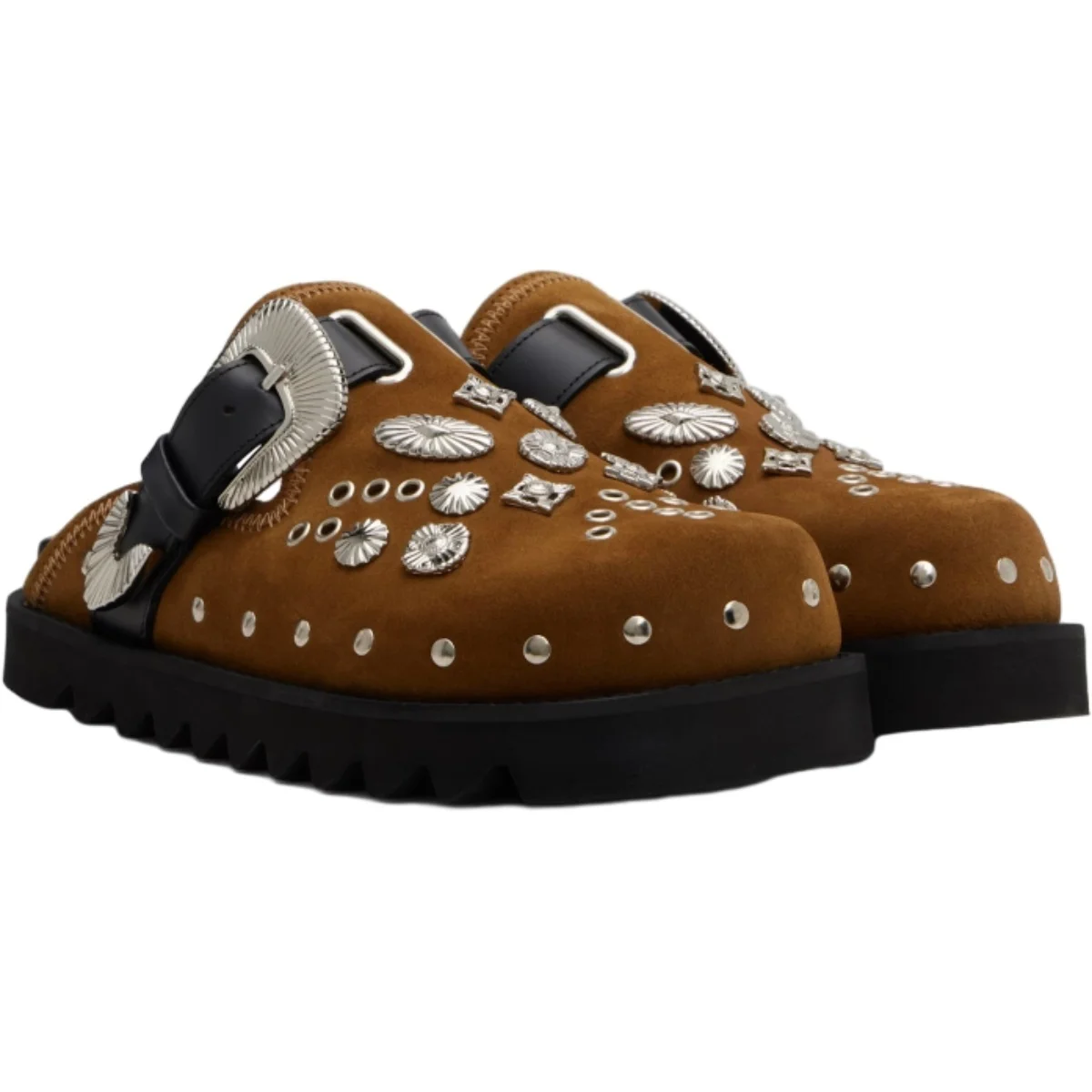 Leather Backless Mules Slip On Flats Unique Metal Studs Buckle Chunky Platform for Comfort Stylish Casual Shoes Spring Autumn