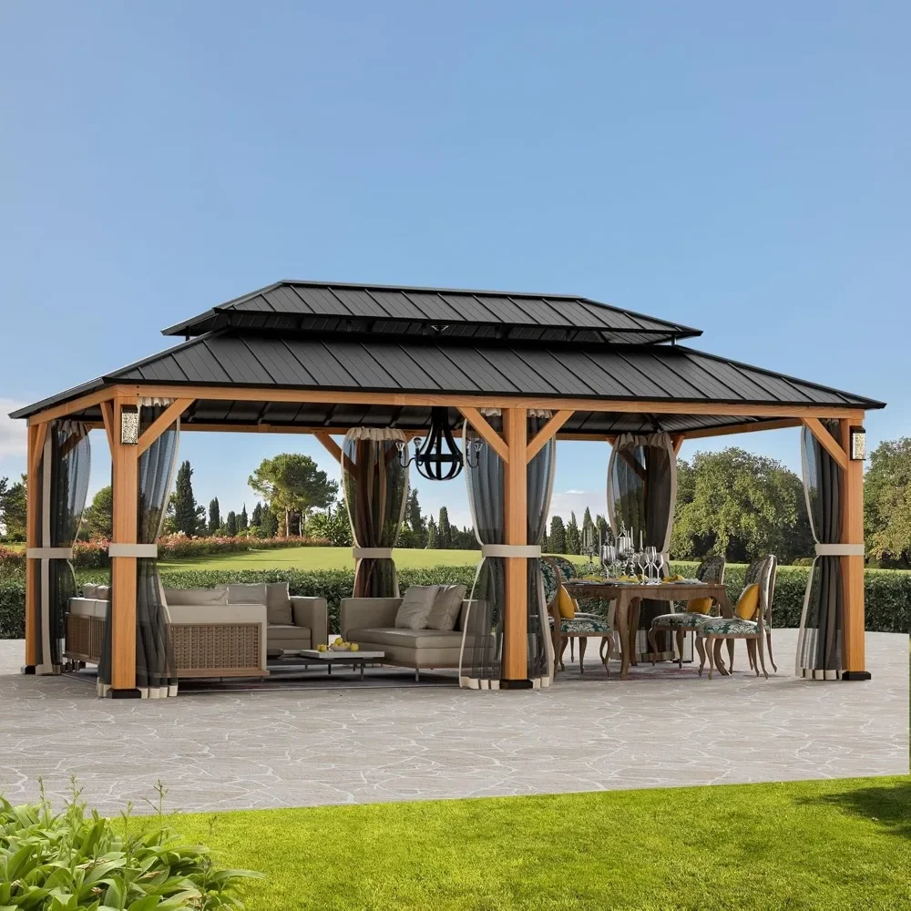 Permanenter Hardtop-Pavillon, 12 Fuß x 20 Fuß, mit 4 LED-Leuchten, Outdoor-Pavillon mit Doppeldach aus verzinktem Stahl, Terrassenpavillon mit Dekorhaken