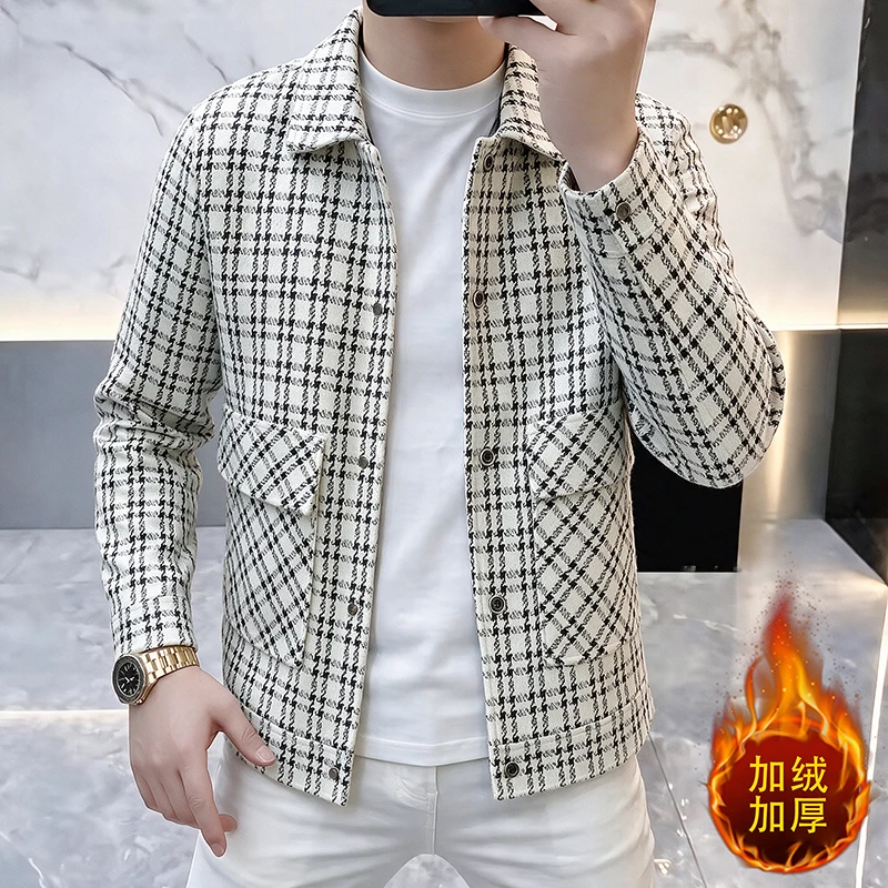 2026 Men's New Fall/Winter Trendy Check Patterned Thick Fleece Double-Buttoned Knit Jacket Coat (Korean Style)