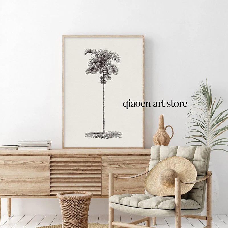 Palm Tree Sketch Vintage Tree Drawing Poster Print Canvas Painting Botanical Neutral Wall Art Picture for Living Room Home Decor