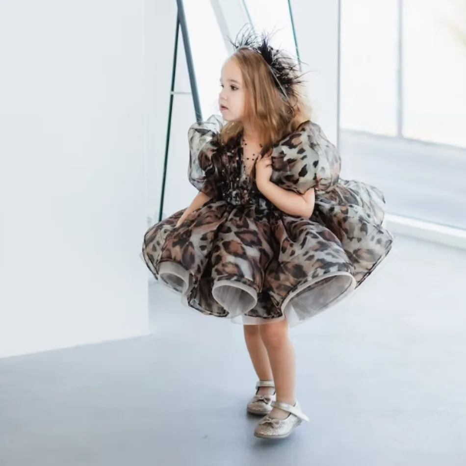 Baby Girls Leopard Print Puffy with Clothes Toddler Kids Puff Costume First Birthday Party Costume Chidlren Tutu Dresses