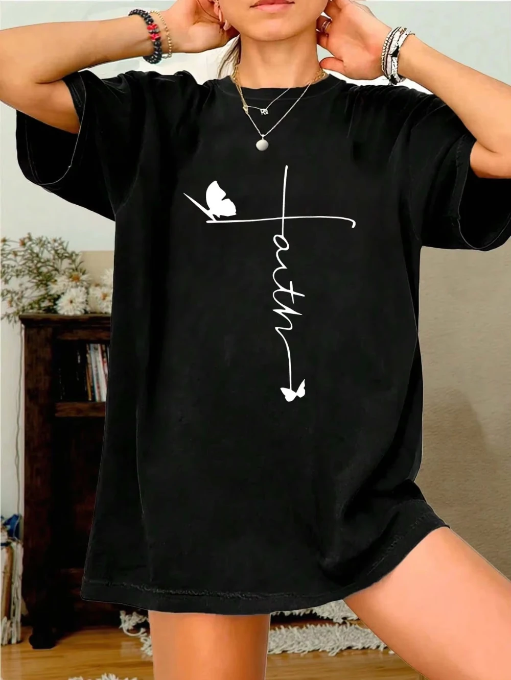 Summer Street Style Large Inspirational Faith Cross Butterfly T-shirt, Showcasing Soul Fashion Elegance Summer New Casual Daily